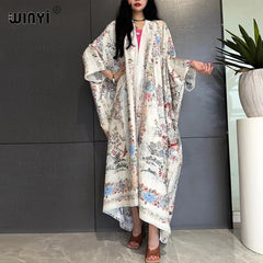 WINYI High-grade double-sided Bohemian Printed silk dress coat Beach