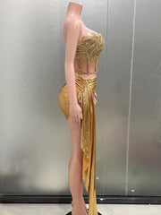 STOCK Sparkly Gold Rhinestones Short Dress for Women Sexy Mesh See