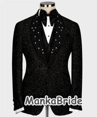 Luxury Men Wedding Groom Suits Glitter Lurex Black Blazer Vest Pants