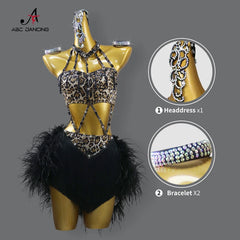 Latin Dance Clothes Sports Party Dress Practice Wear Stage Feather