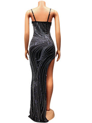 Beyprern Luxury Black Crystal Long Maxi Dress Gown Sparkle Mesh