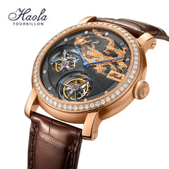 HAOFA 18K Gold Double Tourbillon Movement Skeleton Mens Watch Manual