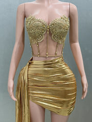 STOCK Sparkly Gold Rhinestones Short Dress for Women Sexy Mesh See