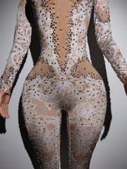 Fashion Rhinestones Jumpsuit Stretch Leggings Sexy Costume Woman