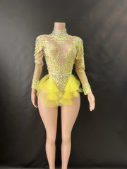 Sparkly Rhinestones Bodysuit Women ElasticPink Mesh Ruffles Crystal