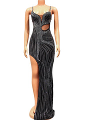 Beyprern Luxury Black Crystal Long Maxi Dress Gown Sparkle Mesh