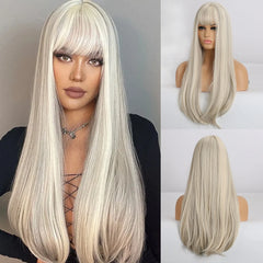 White Long Straight Synthetic Wigs for Cosplay Ash Highlights Natural