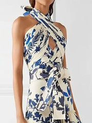 Elegant Women's Printed Vestidos Sleeveless Neck-mounted Female Formal