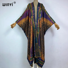 WINYI High-grade double-sided Bohemian Printed silk dress coat Beach