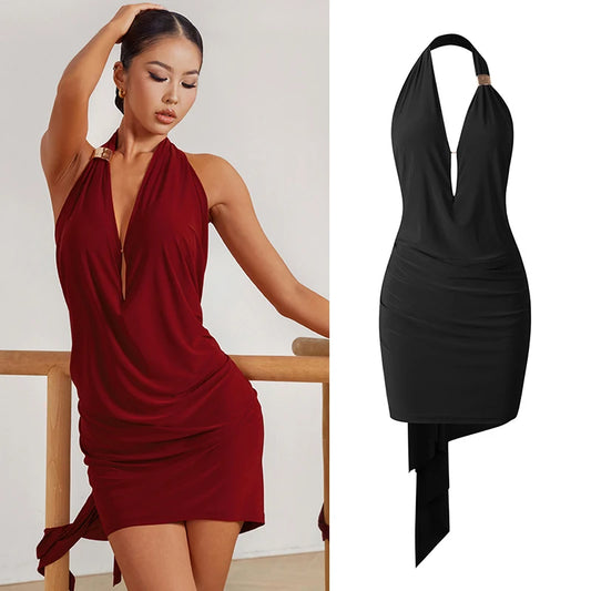 ZYM Latin Dance Dress Women Sexy Backless Halter Dress Black Burgundy