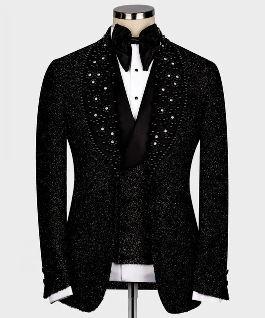 Luxury Men Wedding Groom Suits Glitter Lurex Black Blazer Vest Pants