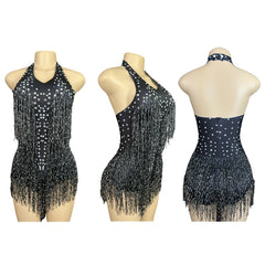 Sparkly Rhinestones Fringe Bodysuit WomenVightclub Party Dance Costume