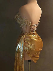 Sparkly Gold Rhinestones Short Dress for Women Sexy Mesh See Through