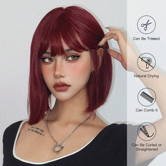 Wine Red Bob Wigs Short Straight Synthetic Wig for Women Burgundy