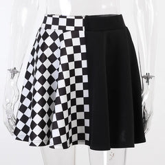 Goth Dark Plaid Pleated Skirt Black on White Contrast Patchwork Skirts