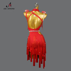 New Red Latin Dance Suit Competition Tassel Clothing Ballroom Practice