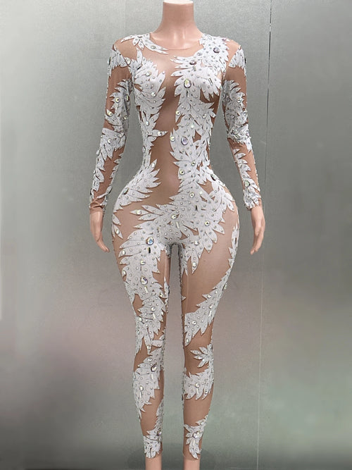 Women Long Sleeve Sexy Crystal High Stretch Bodycon Long Jumpsuit