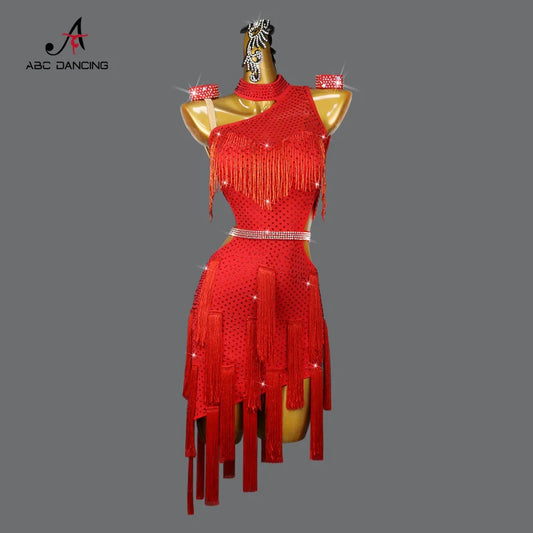 New Red Latin Dance Suit Competition Tassel Clothing Ballroom Practice