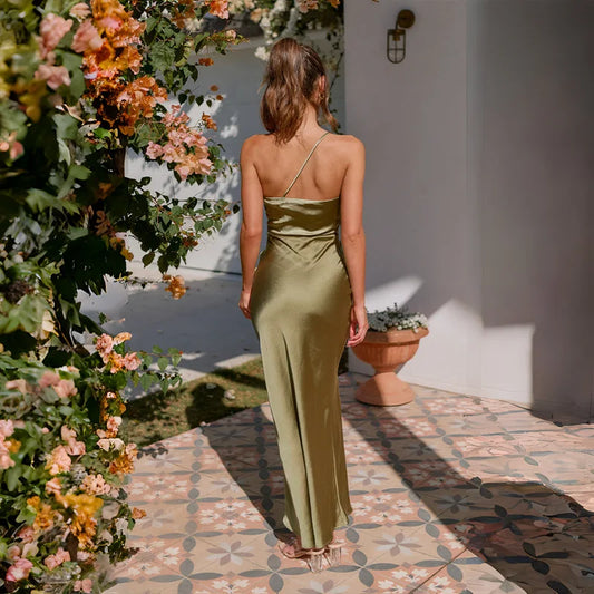 ICCLEK Maxi Dress - Olive One Shoulder Maxi Bodycon Dress Bridesmaid