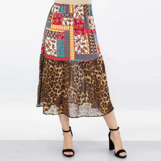 Animal Print Color Block Skirt - Red