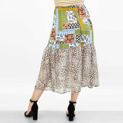 Animal Print Color Block Skirt - Green