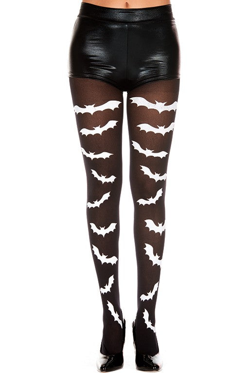 37273-BLACK-WHITE Gothic Bat Print Pantyhose, Black & White