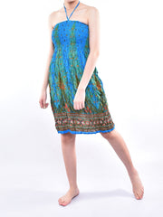 Bohotusk Sky Blue Peacock Print Short Mini Tube Dress With Tie Neck