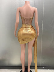 STOCK Sparkly Gold Rhinestones Short Dress for Women Sexy Mesh See