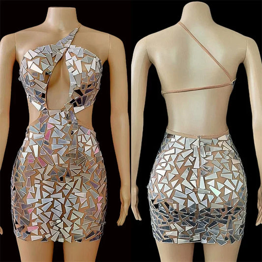 Sexy Shining Mirrors Backless Short DressMeshSee Through Birthday Club