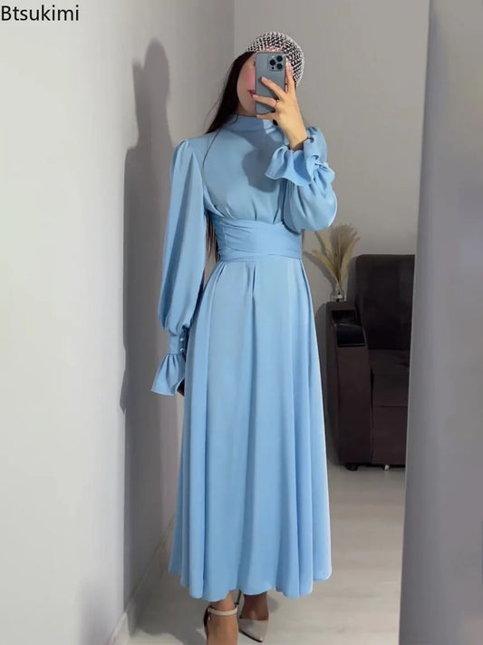 Fashion Vintage Waisted Long Dresses for Women Ruffled Bandage Elegant