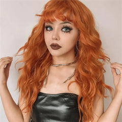 Ginger Curly Synthetic Wigs for Women Long Orange Wigs with Bangs Heat