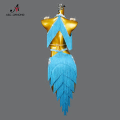 Blue Latin Dance Fringe Dress Sexy Skirt for Women Ballroom