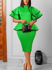 Women Knee Length Green Dress Black Hem Contrast High Neck Peplum