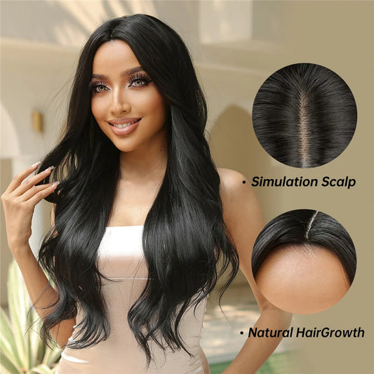 Black Long Wavy Synthetic Wigs Middle Part Natural Wave Wig Heat