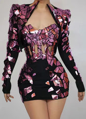 Sparkly Pink Sequins Short Tube Bandage Dress Set Sexy Show Stage Wear