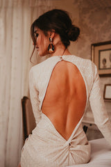 Ivory Long Sleeve Backless Dress