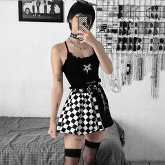 Goth Dark Plaid Pleated Skirt Black on White Contrast Patchwork Skirts