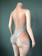 Sparkly Rhinestones Sexy See Through Mesh Women Jumpsuit Evening Party