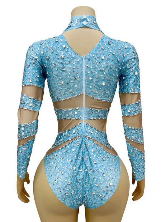 Sexy Elastic Light Blue Women Bodysuit Party Club long Sleeves