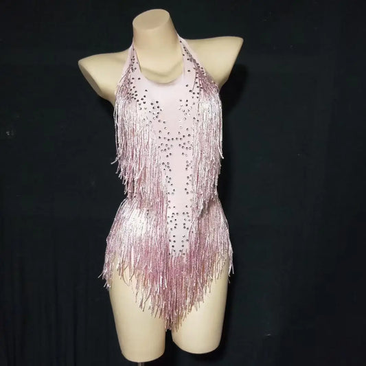 Sparkly Party Romper Crystals Fringes Bodysuit Sexy Tassel Leotard