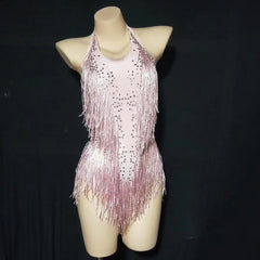 Sparkly Party Romper Crystals Fringes Bodysuit Sexy Tassel Leotard