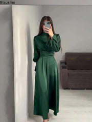 Fashion Vintage Waisted Long Dresses for Women Ruffled Bandage Elegant