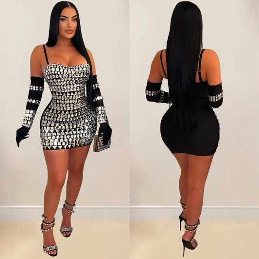 Rhinestone Black Mini Dress Lady Sexy Party Bodycon Evening Dresses