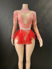 Sparkly Rhinestones Bodysuit Women ElasticPink Mesh Ruffles Crystal