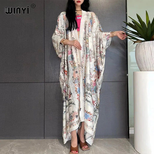 WINYI High-grade double-sided Bohemian Printed silk dress coat Beach