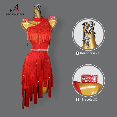 New Red Latin Dance Suit Competition Tassel Clothing Ballroom Practice