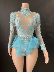 Sparkly Rhinestones Bodysuit Women ElasticPink Mesh Ruffles Crystal