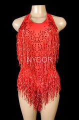 Sparkly Crystals Fringe Bodysuit Women Nightclub Party Outfit Dance