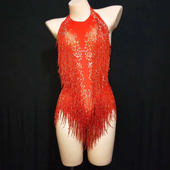 Gold Rhinestones Bodysuit Women Fringes Backless Latin Sexy Stage