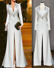 Off White Women Suits Blazer Long Jacket Maxi Prom Dress Cotton Formal